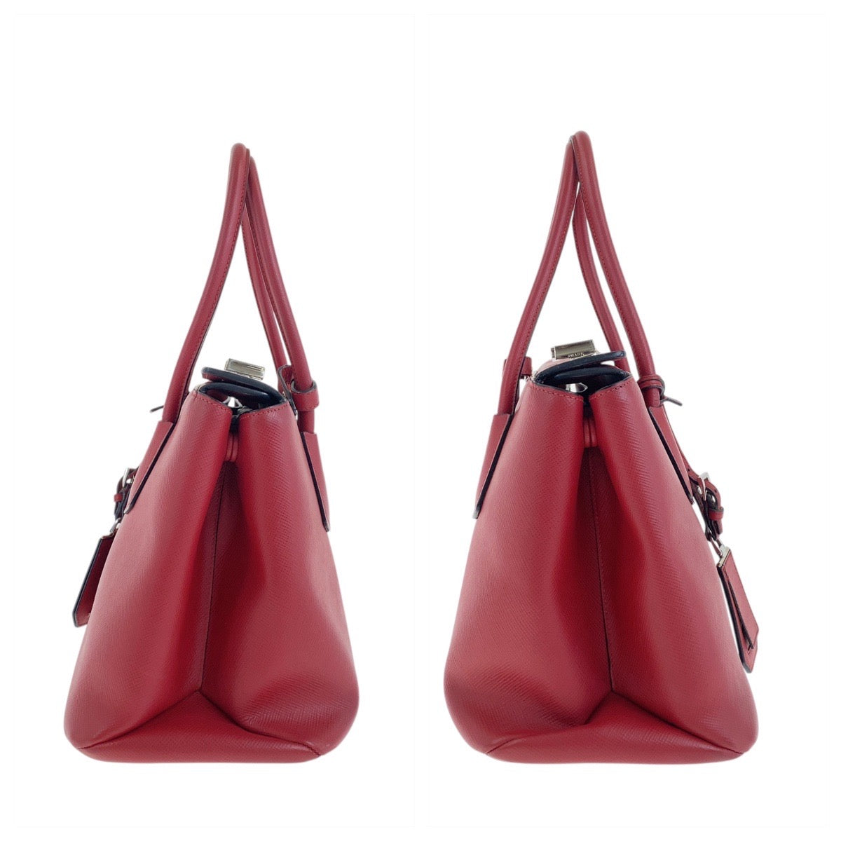 PRADA Tote Bag leather Red Silver Metal Safiano Triangle With logo