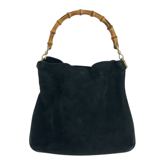 GUCCI Shoulder Bag 001 3638 Suede Black Brown Gold Metal Bamboo