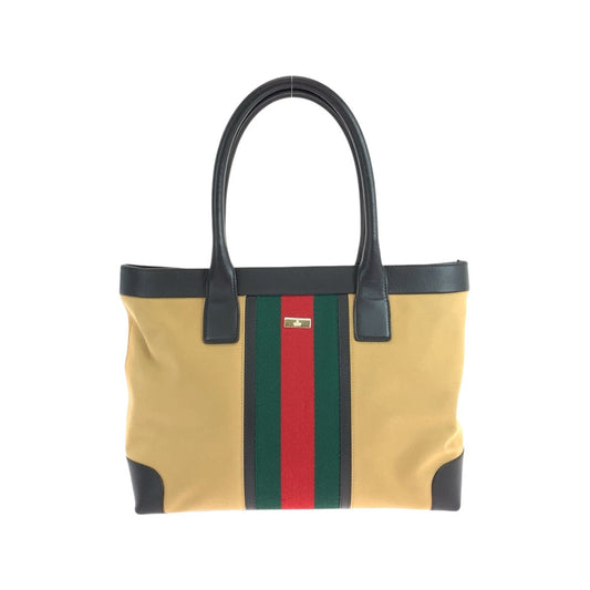 GUCCI Tote Bag 002.1119 Canvas, Leather Beige Camel Brown Tote Bag Shoulder Bag Sherry line Mayfair Women Used Authentic
