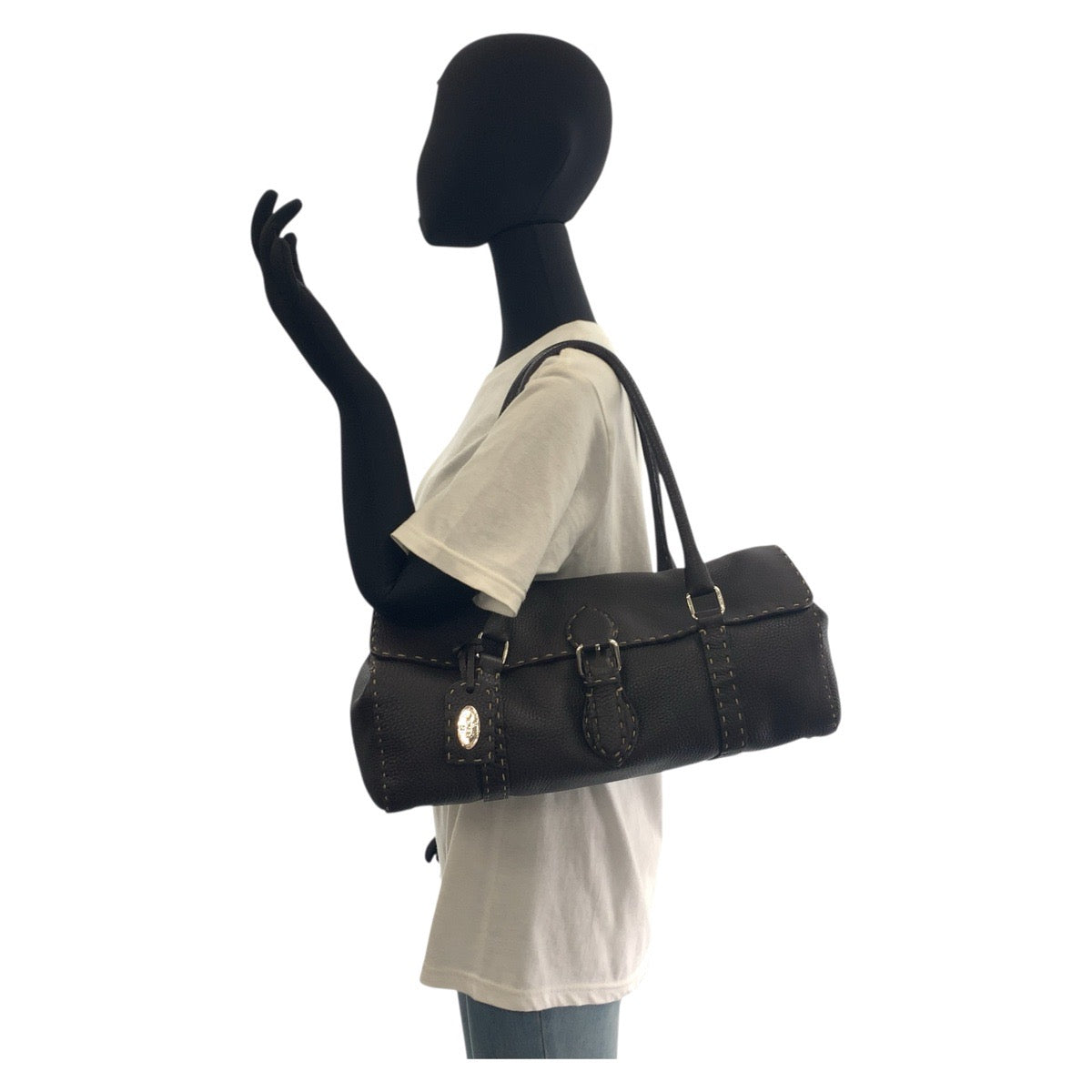 FENDI Shoulder Bag N49-22-13533 leather Brown Silver Metal Celeria
