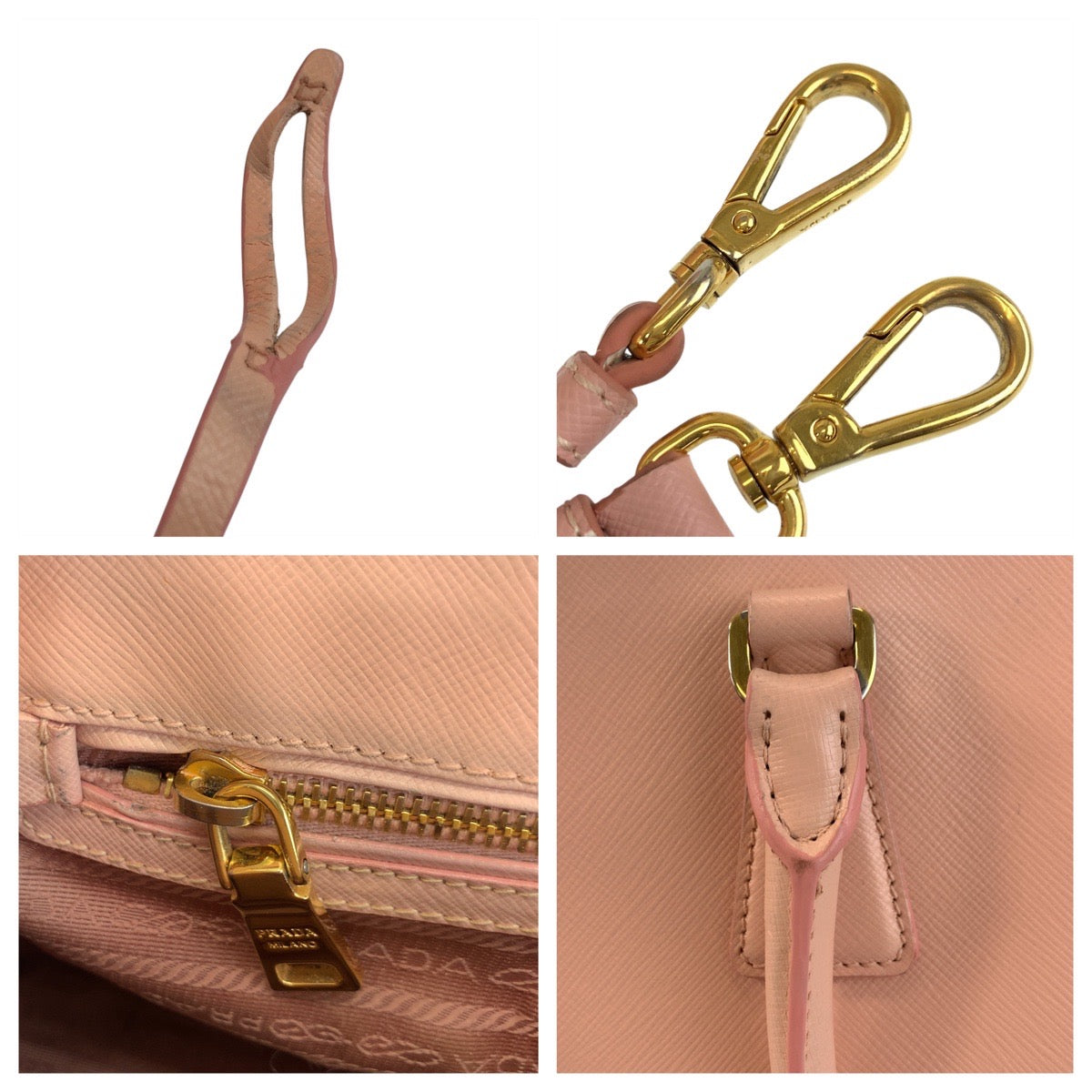 PRADA Handbag leather Pink Gold Metal Handbag Tote Bag Shoulder Bag 2way Safiano Galleria TriangleWith logo Women Used Authentic