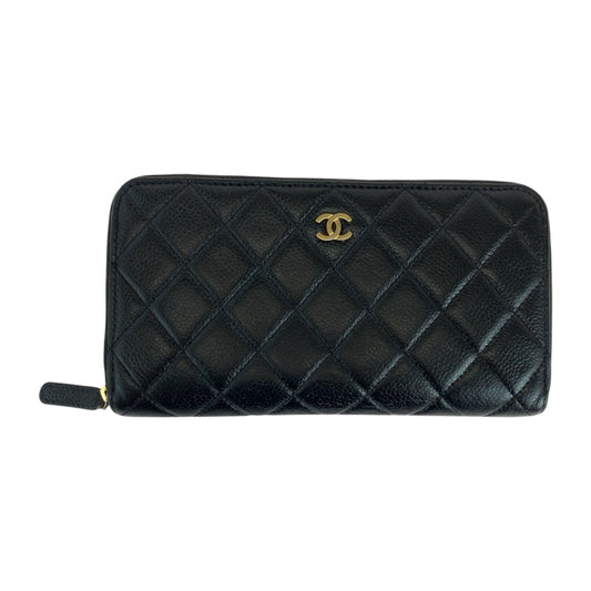 CHANEL Long Wallet Purse Caviar skin Black GoldMetal Matrasse COCO Mark