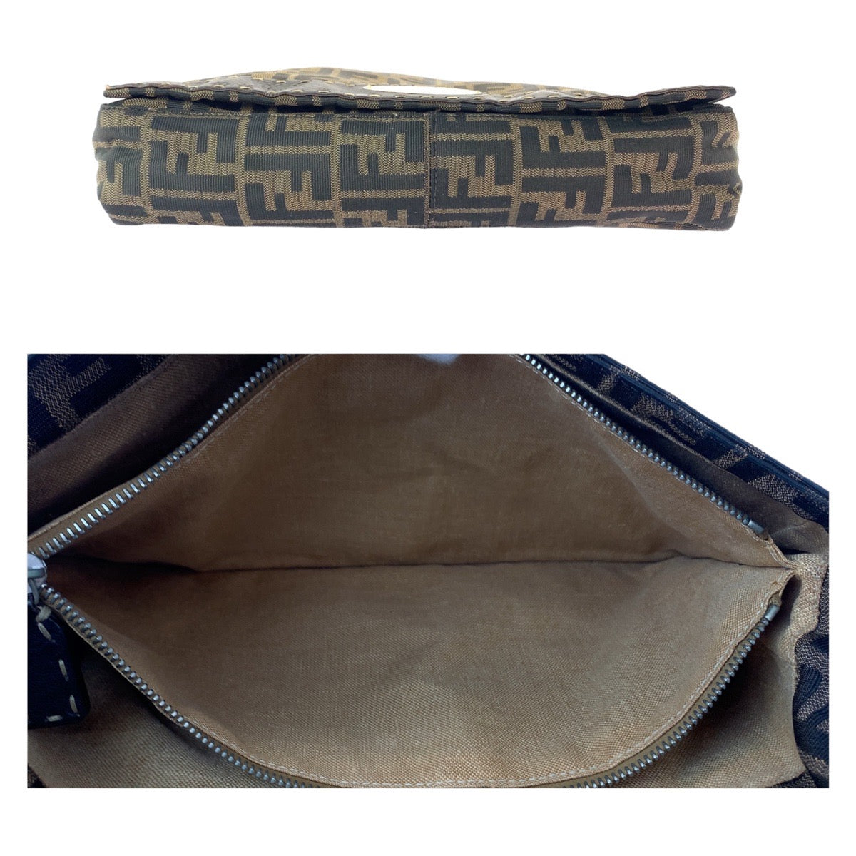 FENDI Shoulder Bag canvas Brown Gold Metal Zucca