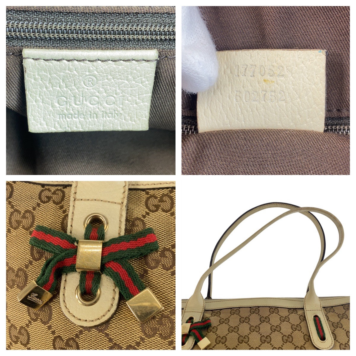 GUCCI Tote Bag 177052 GG canvas Beige Ivory Gold Metal Prince Shelley Line