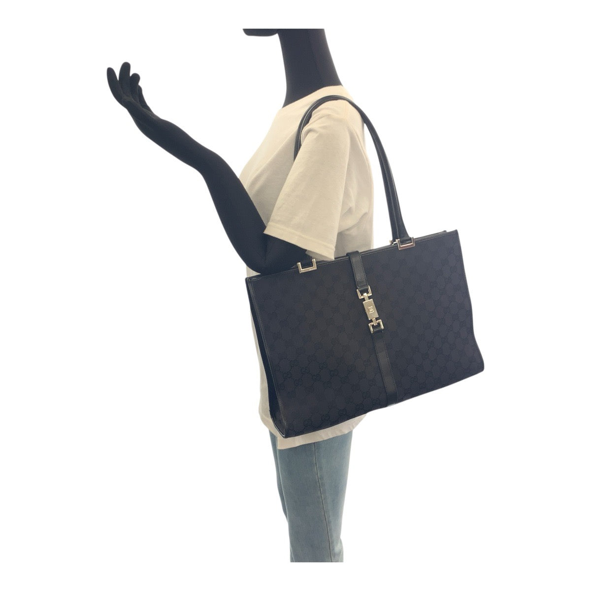 GUCCI Tote Bag 002 1074 GG canvas Black SilverMetal Jackie