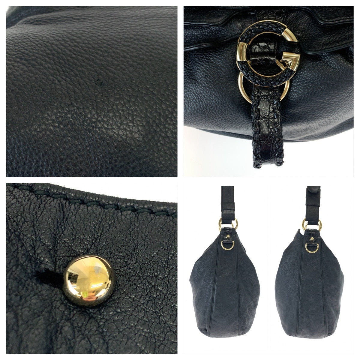 GUCCI Shoulder Bag 232931 leather Black Gold Metal Embossed Leather G Wave Hobo