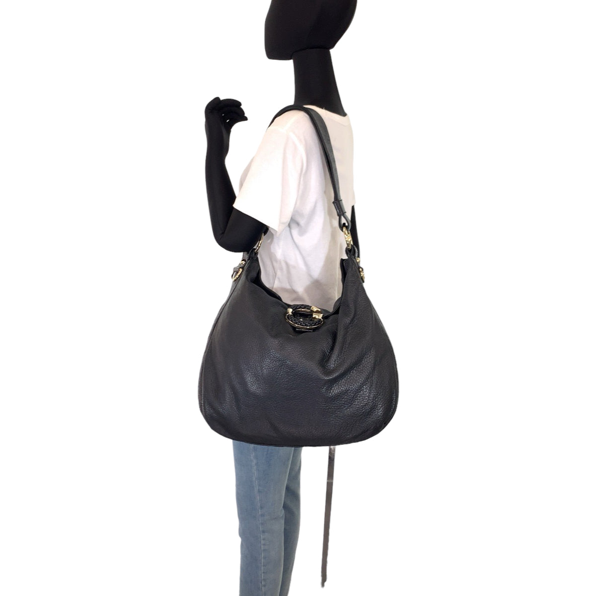 GUCCI Shoulder Bag 232931 leather Black Gold Metal Embossed Leather G Wave Hobo
