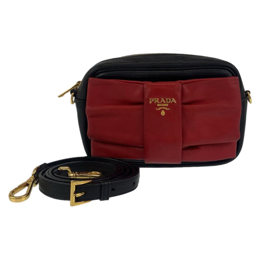 PRADA Shoulder Bag leather Black Red Gold Metal Ribbon motif
