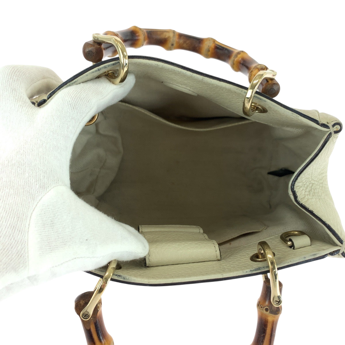 GUCCI Handbag 368823 leather Ivory Brown Gold Metal Bamboo