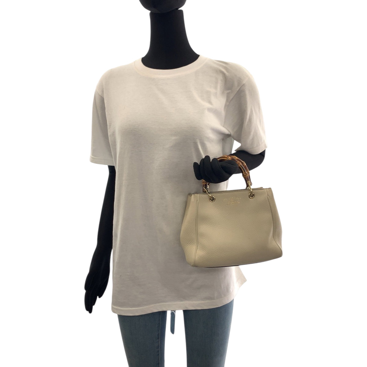 GUCCI Handbag 368823 leather Ivory Brown Gold Metal Bamboo