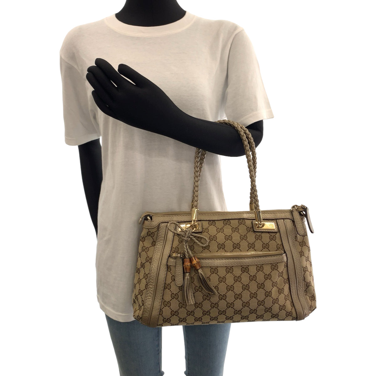 GUCCI Tote Bag 282300 GG canvas Brown Gold Metal Bella Bamboo Ribbon tassel
