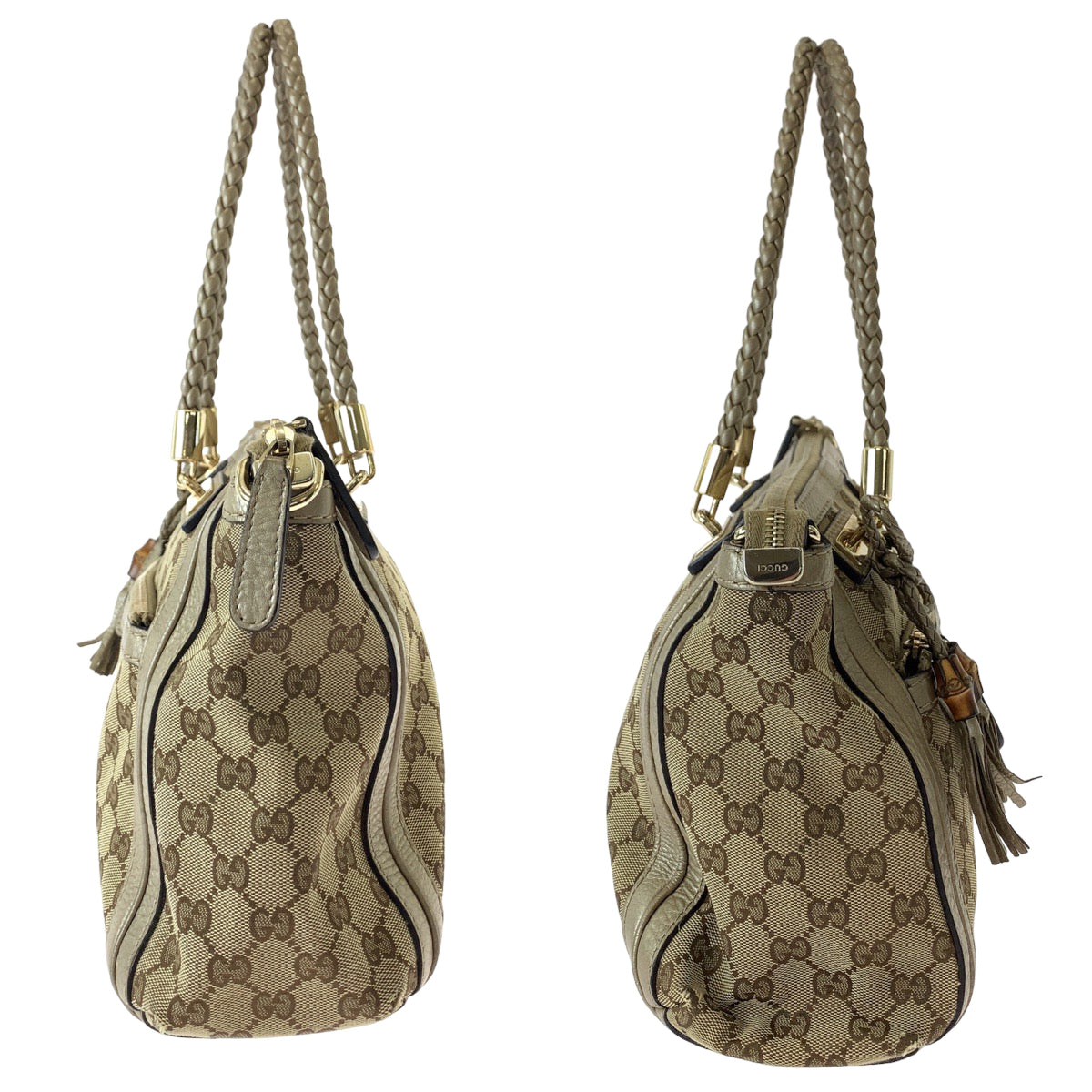 GUCCI Tote Bag 282300 GG canvas Brown Gold Metal Bella Bamboo Ribbon tassel