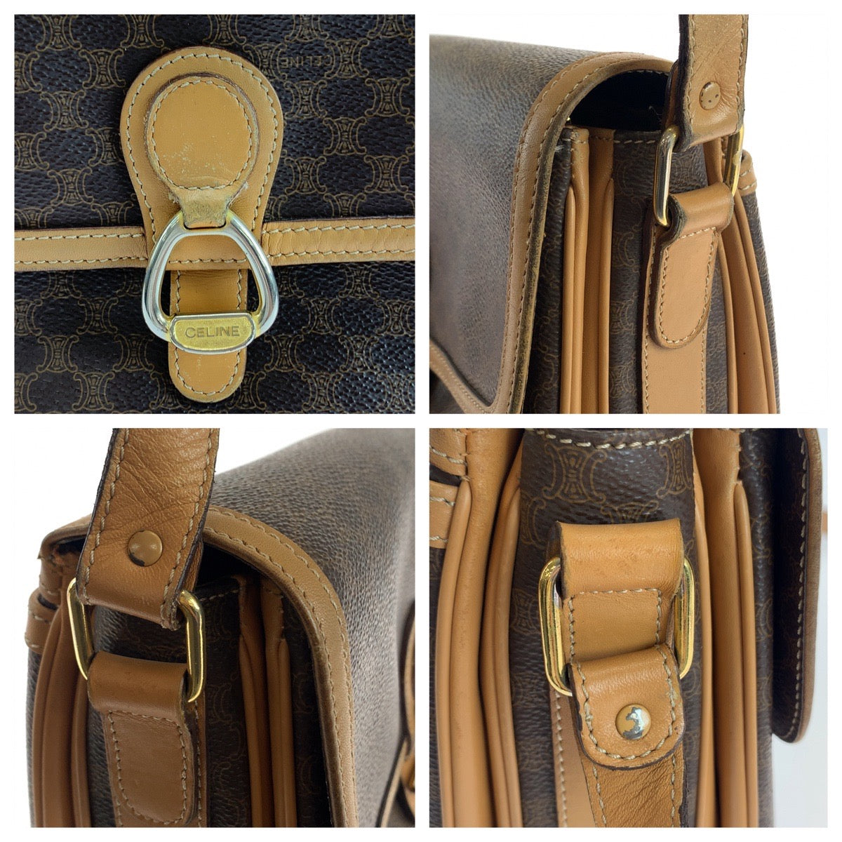 CELINE Shoulder Bag PVC Brown Gold Metal Macadam Pattern