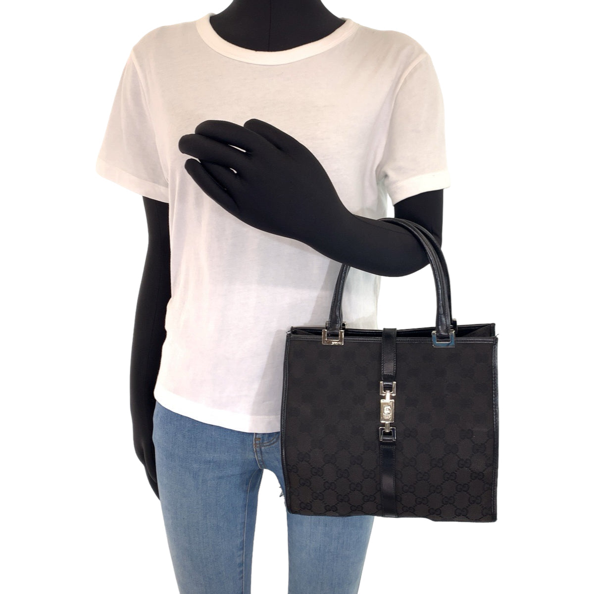 GUCCI Tote Bag 002 1065 GG canvas Black SilverMetal Jackie