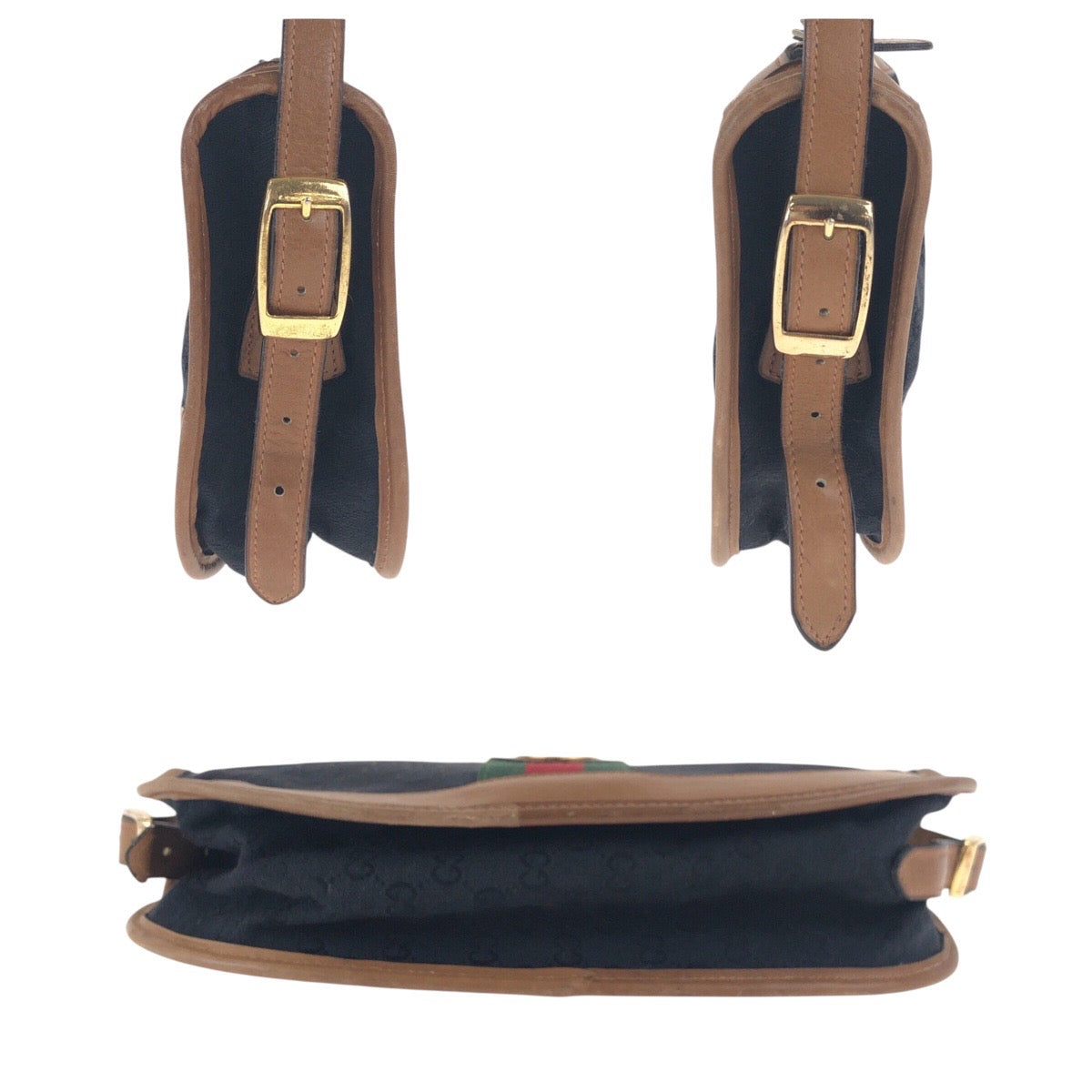 GUCCI Shoulder Bag GG canvas Black Brown Gold Metal Old Gucci Shelly Line