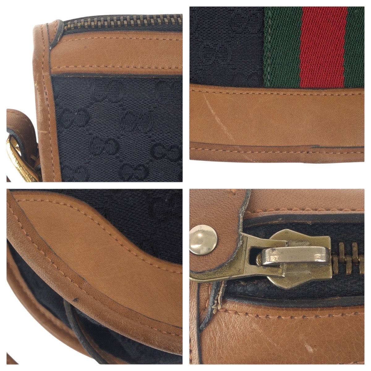 GUCCI Shoulder Bag GG canvas Black Brown Gold Metal Old Gucci Shelly Line