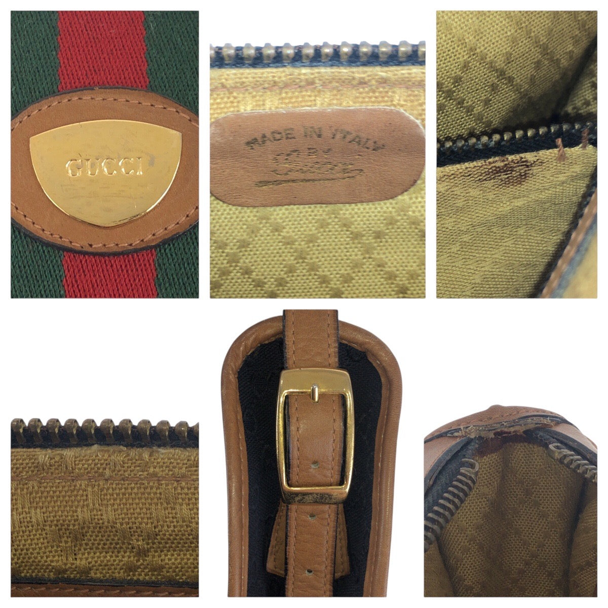 GUCCI Shoulder Bag GG canvas Black Brown Gold Metal Old Gucci Shelly Line