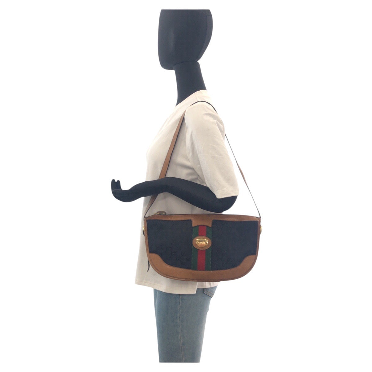 GUCCI Shoulder Bag GG canvas Black Brown Gold Metal Old Gucci Shelly Line