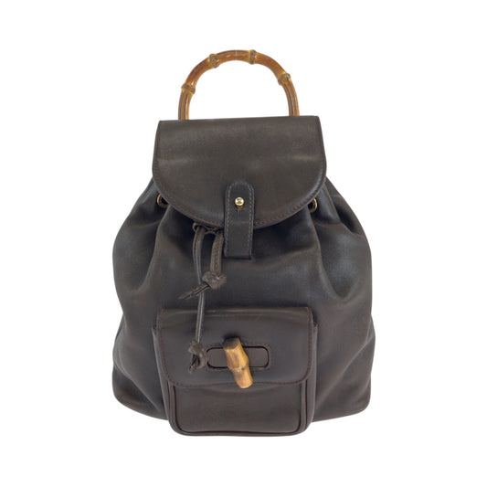 GUCCI Backpack 003 2852 leather Dark Brown Brown Gold Metal Bamboo