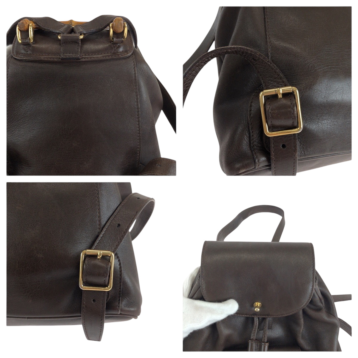GUCCI Backpack 003 2852 leather Dark Brown Brown Gold Metal Bamboo