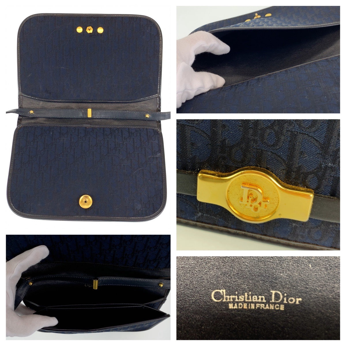 Dior Shoulder Bag canvas Navy Gold Metal Trotter
