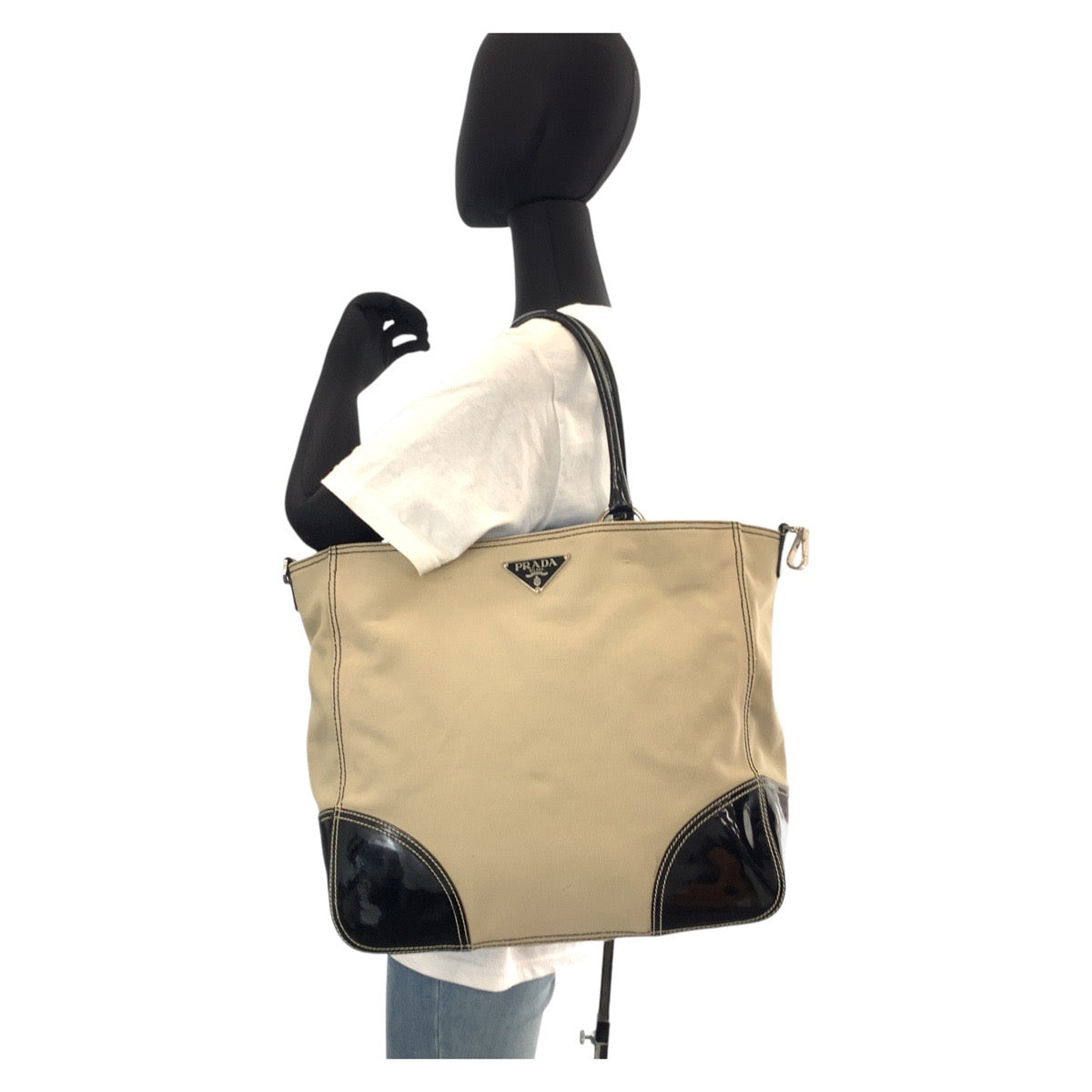 PRADA Tote Bag canvas Beige Black SilverMetal Triangle With logo