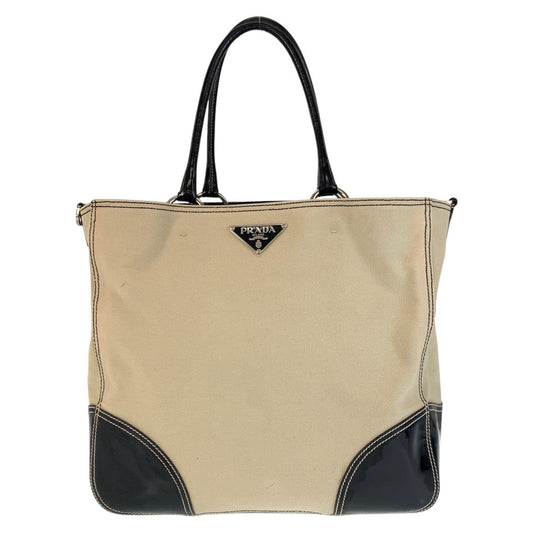 PRADA Tote Bag canvas Beige Black SilverMetal Triangle With logo