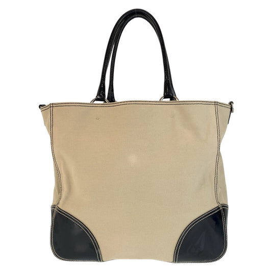 PRADA Tote Bag canvas Beige Black SilverMetal Triangle With logo