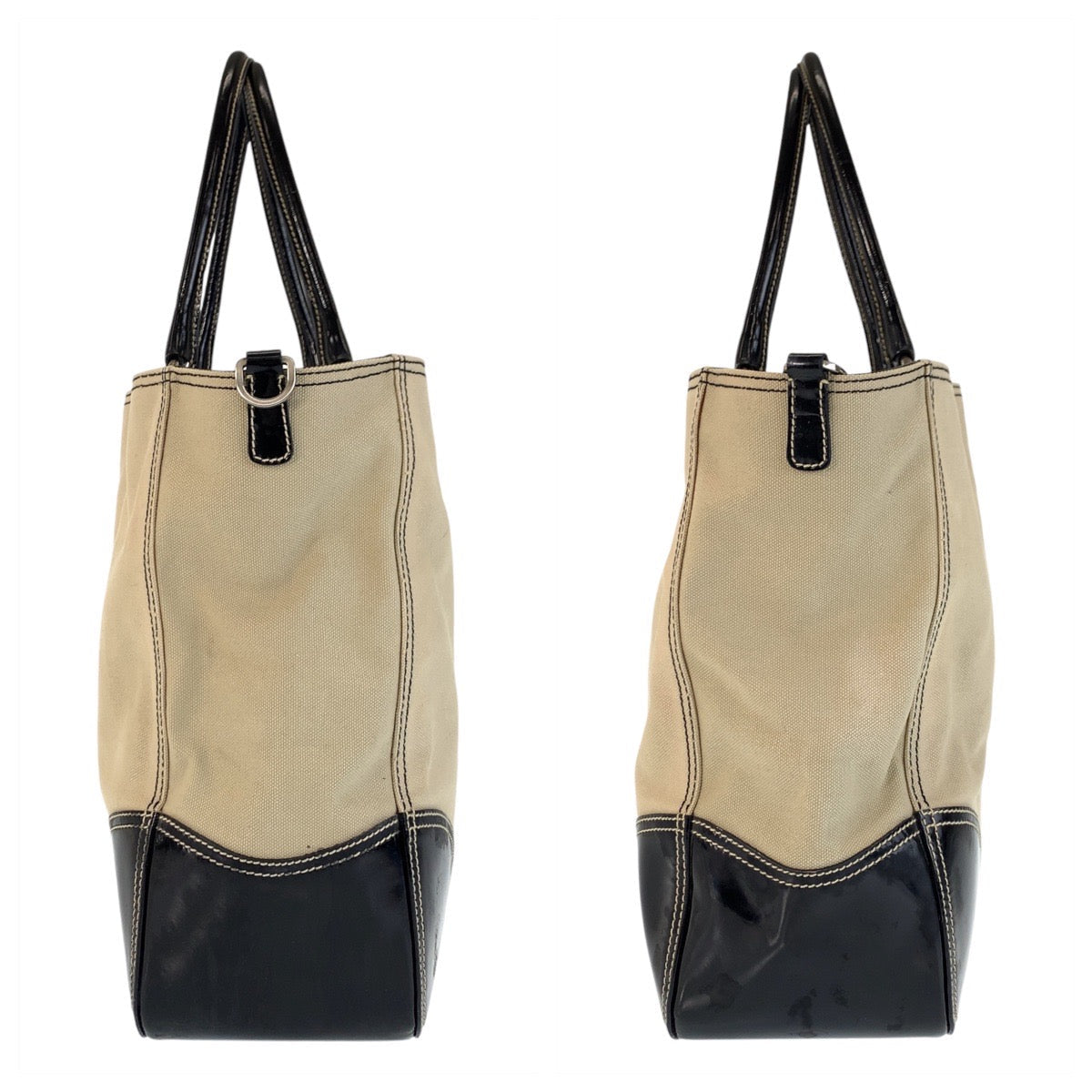 PRADA Tote Bag canvas Beige Black SilverMetal Triangle With logo