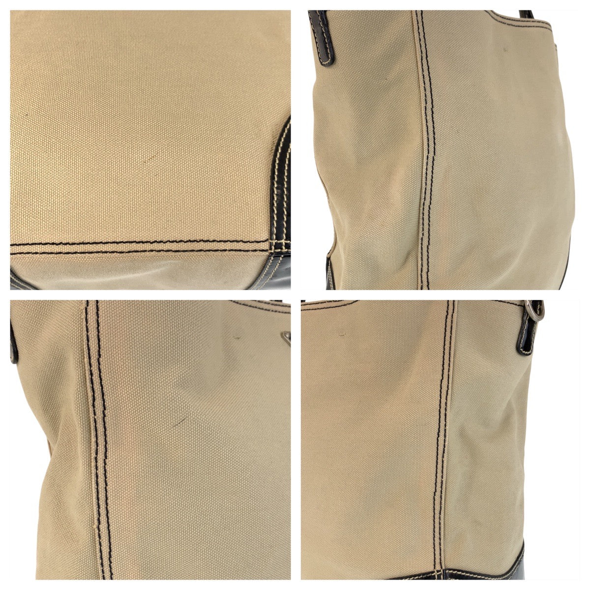 PRADA Tote Bag canvas Beige Black SilverMetal Triangle With logo
