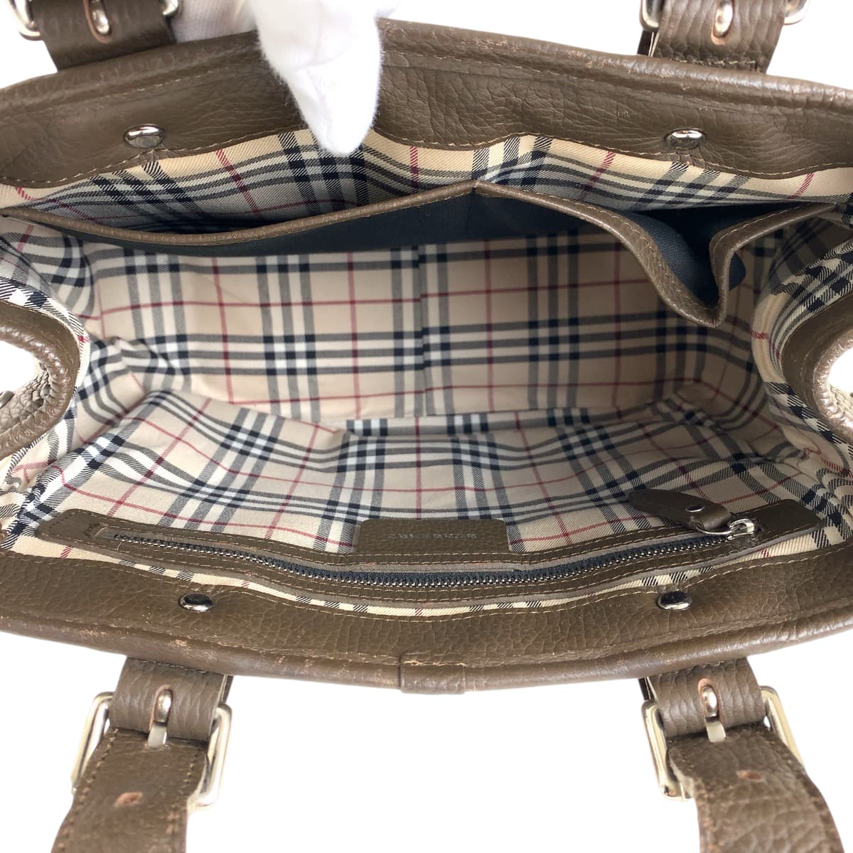 BURBERRY Tote Bag leather Brown Silver Metal Medium Check Pattern