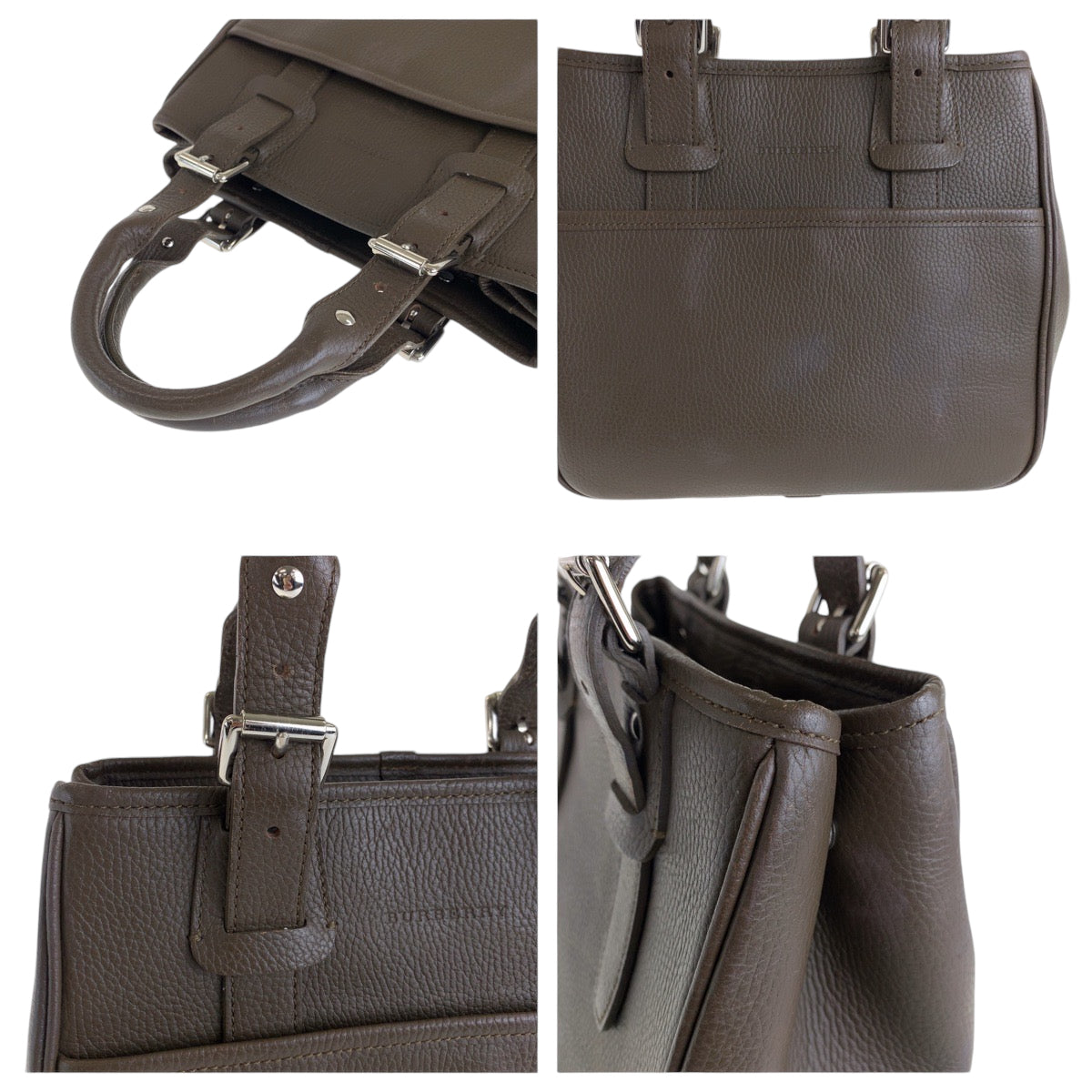 BURBERRY Tote Bag leather Brown Silver Metal Medium Check Pattern