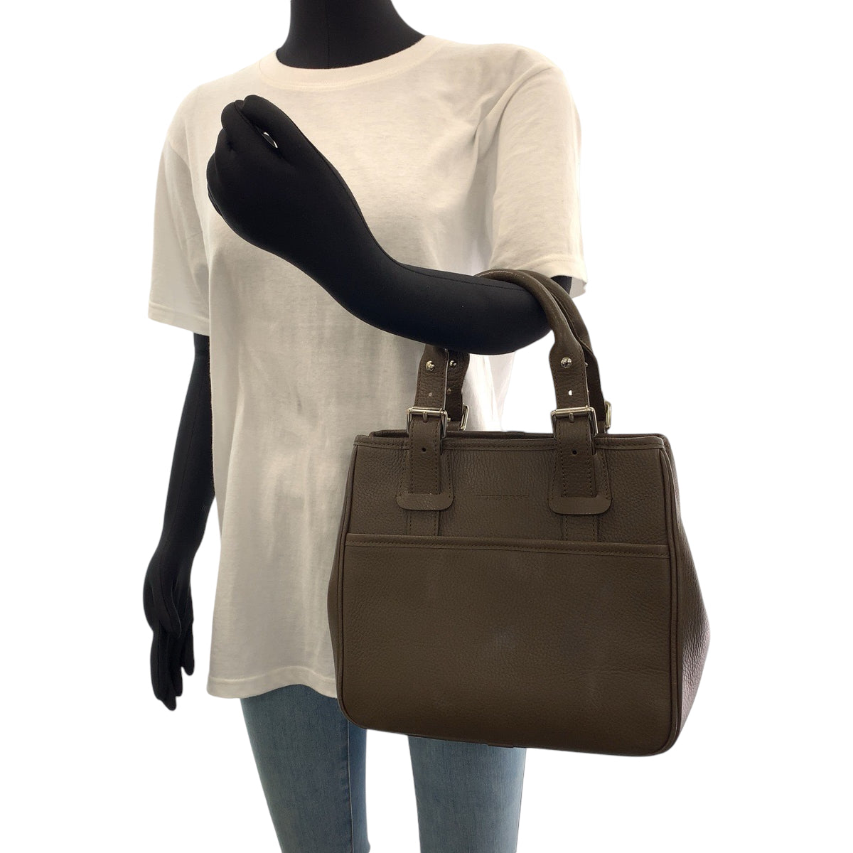 BURBERRY Tote Bag leather Brown Silver Metal Medium Check Pattern