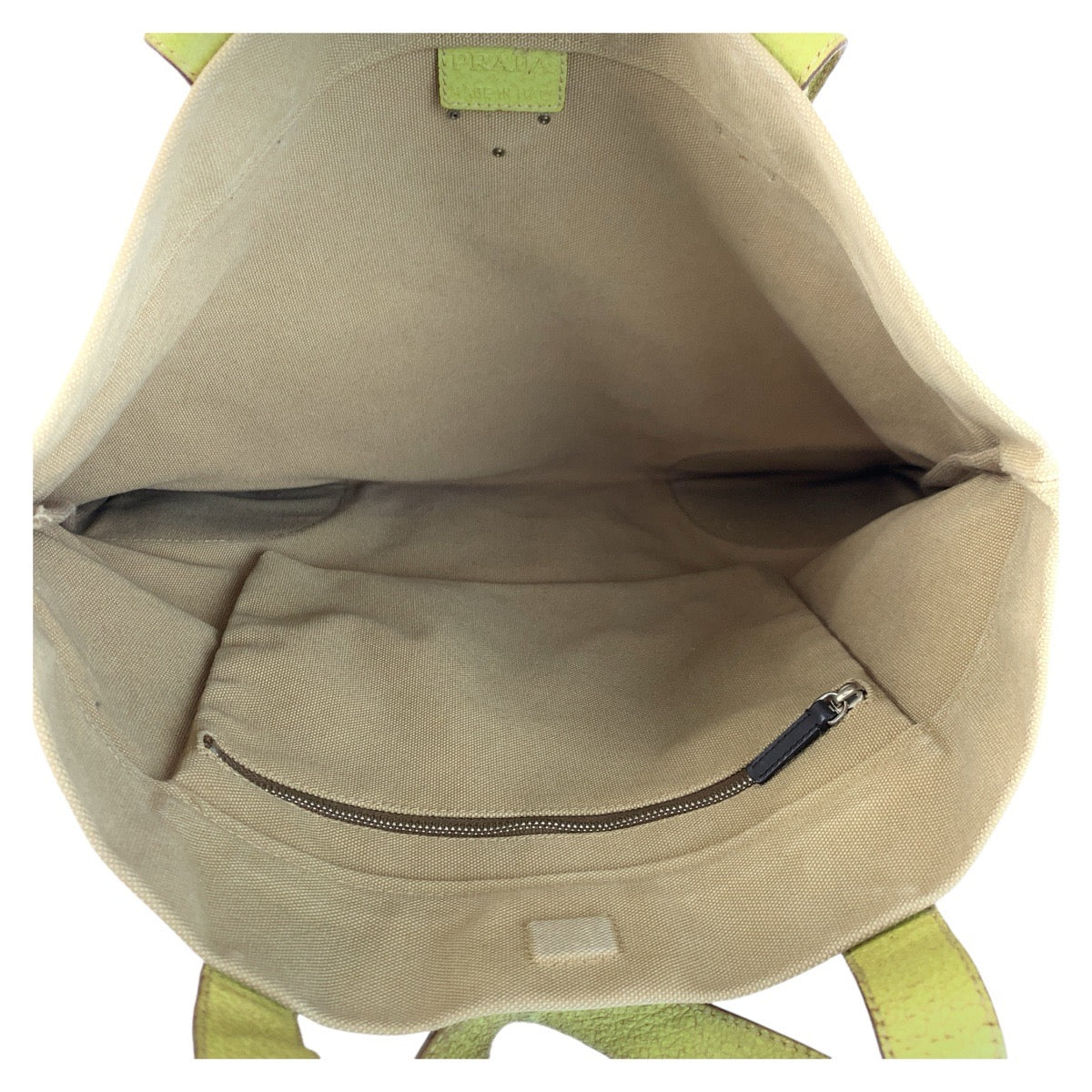 PRADA Tote Bag canvas Beige Green SilverMetal Triangle With logo