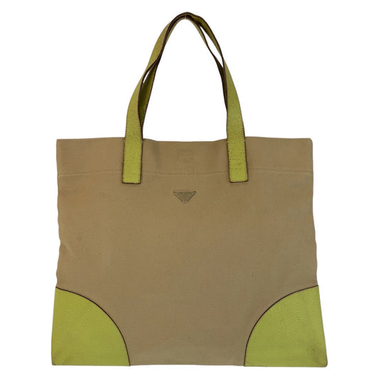 PRADA Tote Bag canvas Beige Green SilverMetal Triangle With logo