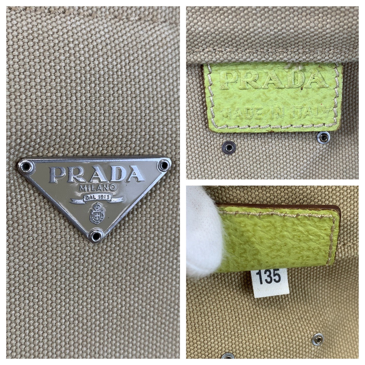 PRADA Tote Bag canvas Beige Green SilverMetal Triangle With logo