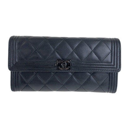 CHANEL Long Wallet Purse Caviar skin Black SilverMetal Boy chanel COCO Mark