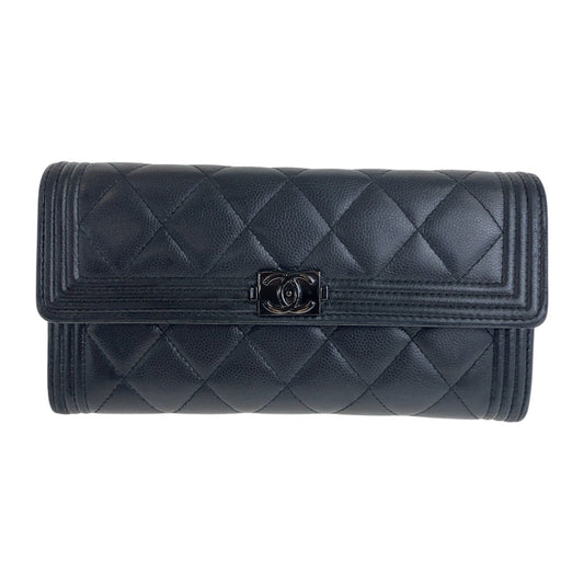 CHANEL Long Wallet Purse Caviar skin Black SilverMetal Boy chanel COCO Mark