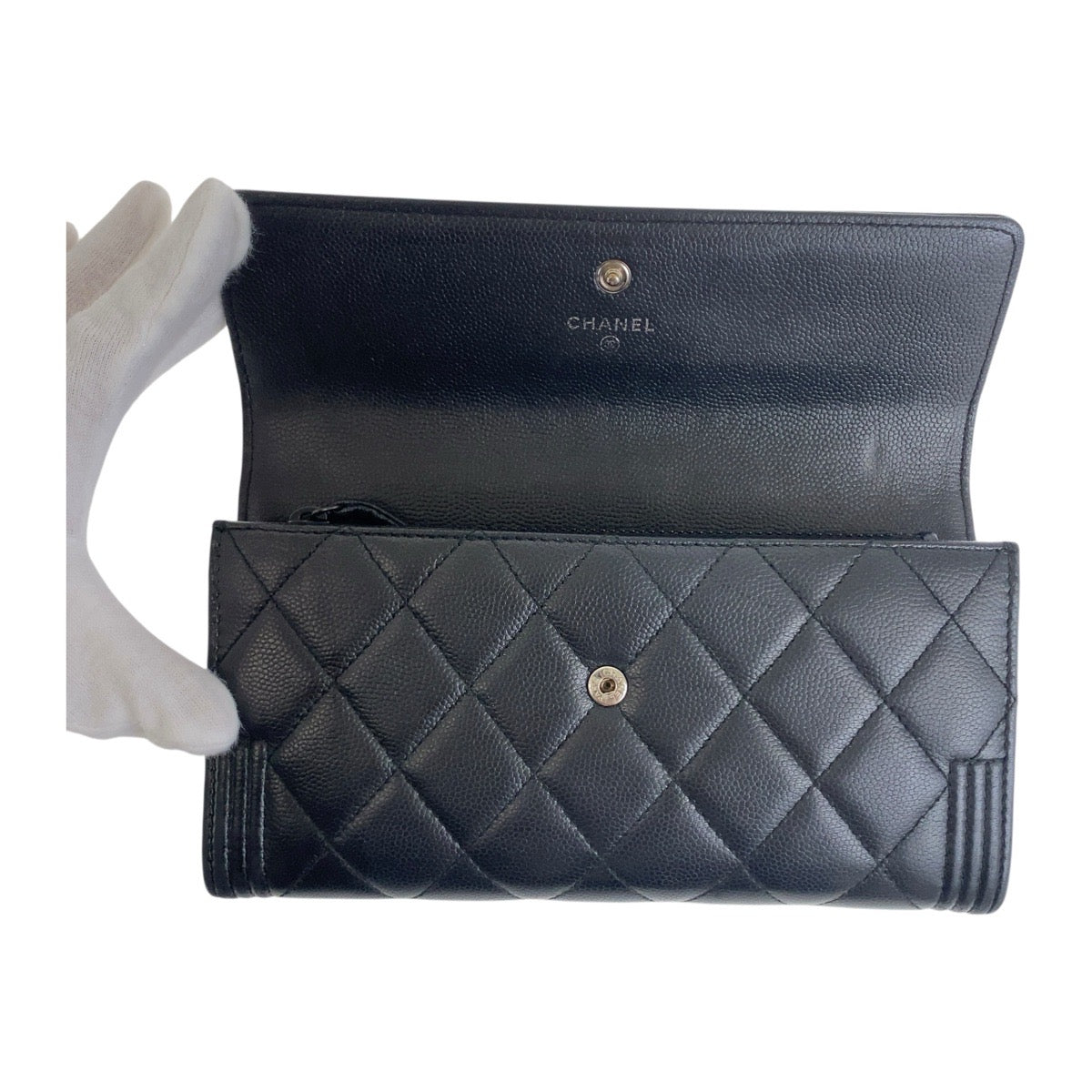 CHANEL Long Wallet Purse Caviar skin Black SilverMetal Boy chanel COCO Mark