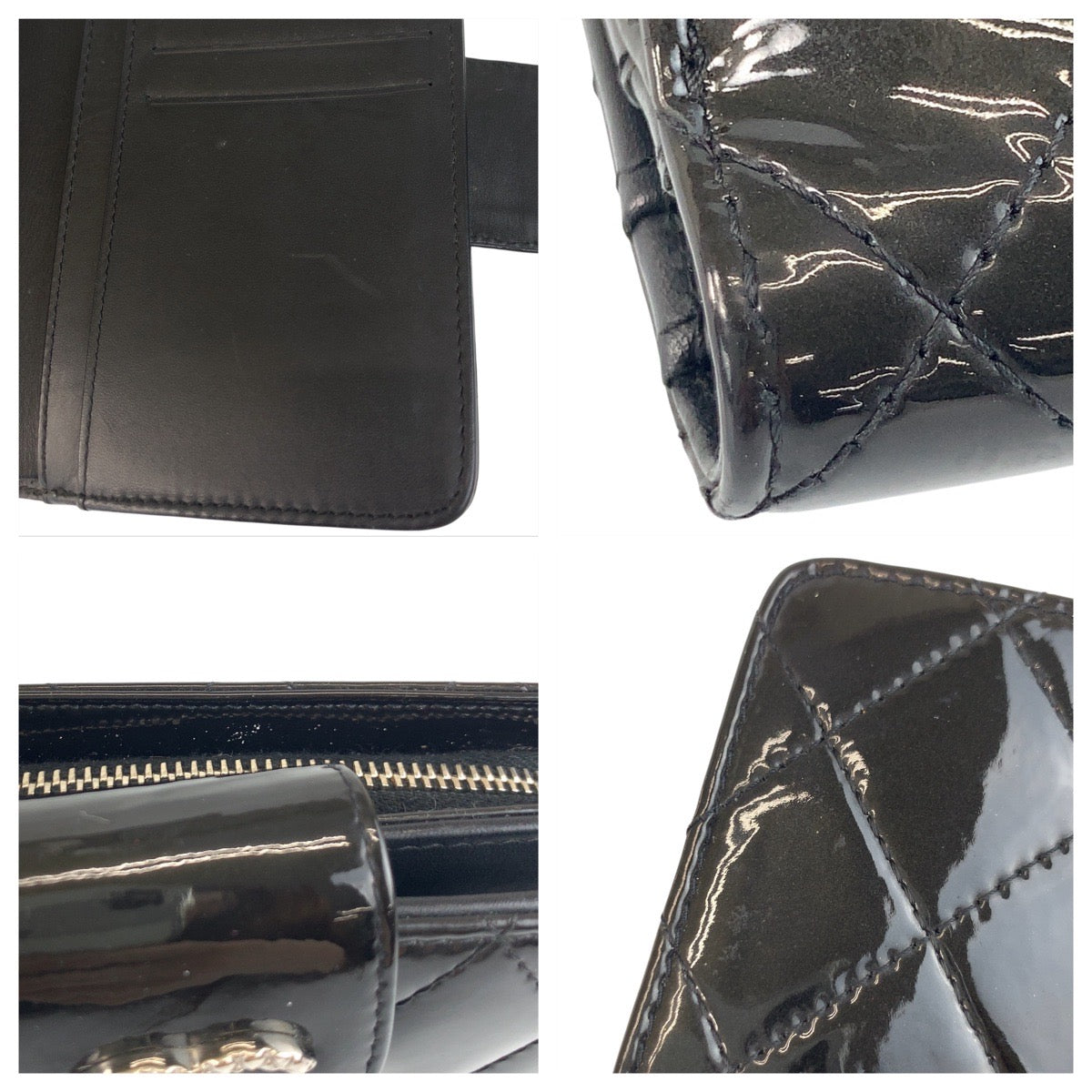 CHANEL Bifold Wallet Patent leather Black SilverMetal Brilliant Matrasse COCO Mark