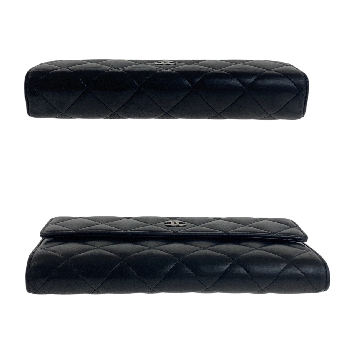 CHANEL Long Wallet Purse lambskin Black SilverMetal Matrasse COCO Mark