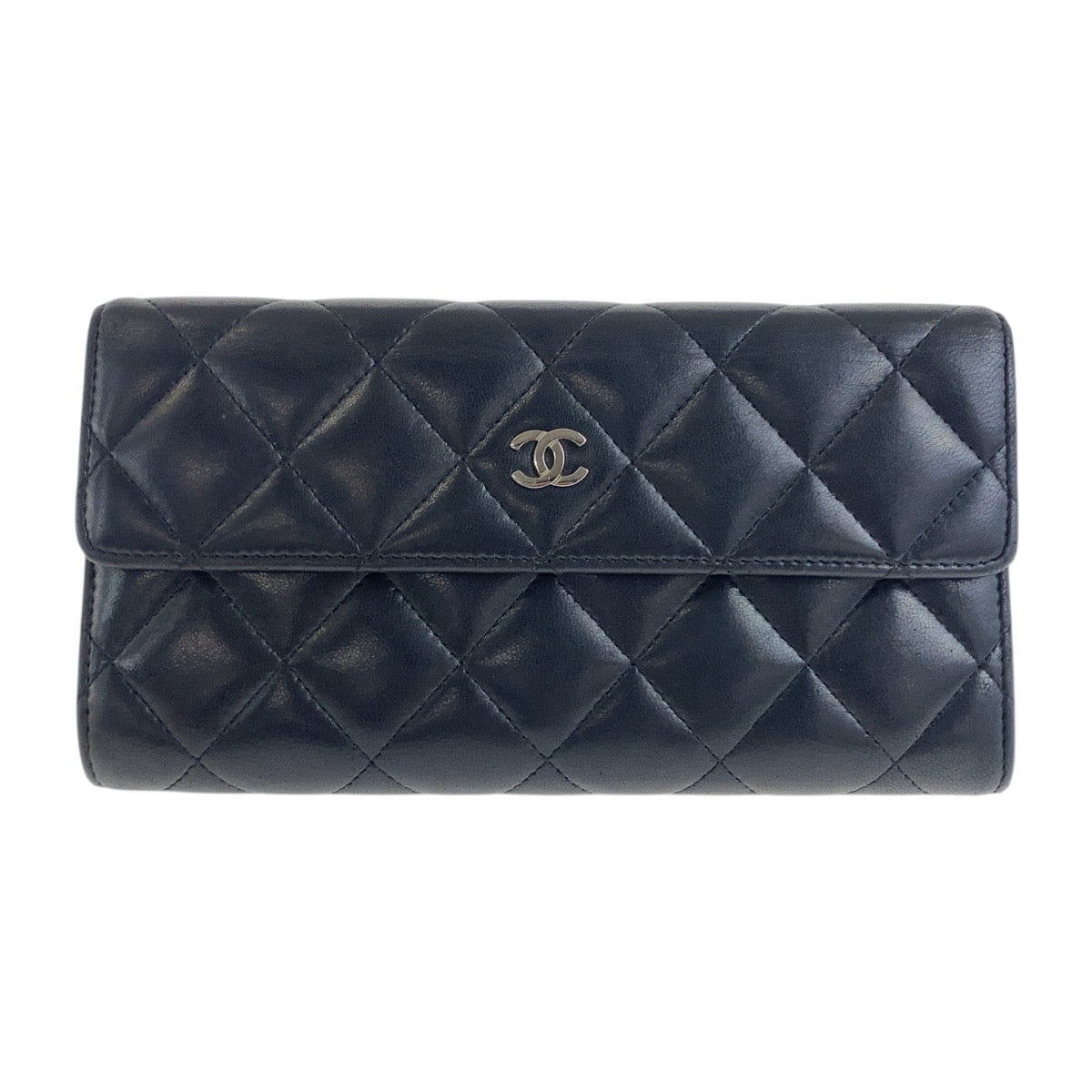 CHANEL Long Wallet Purse lambskin Black SilverMetal Matrasse COCO Mark
