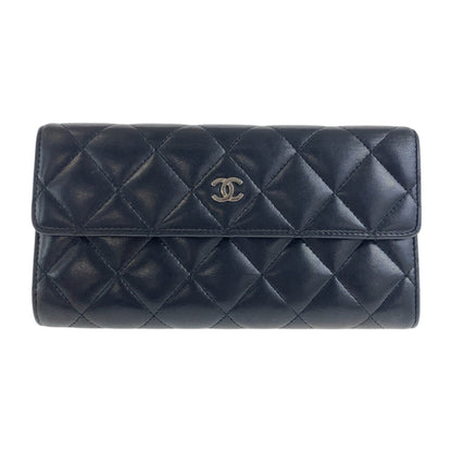 CHANEL Long Wallet Purse lambskin Black SilverMetal Matrasse COCO Mark