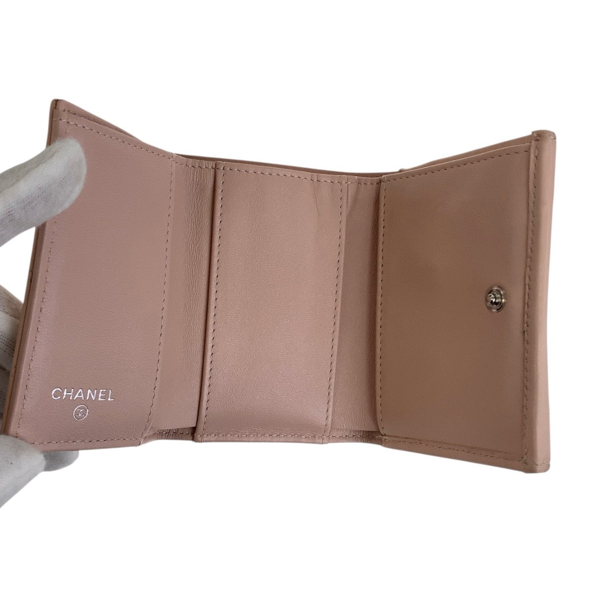 CHANEL Tri-fold wallet lambskin Pink Beige SilverMetal Matrasse COCO Mark