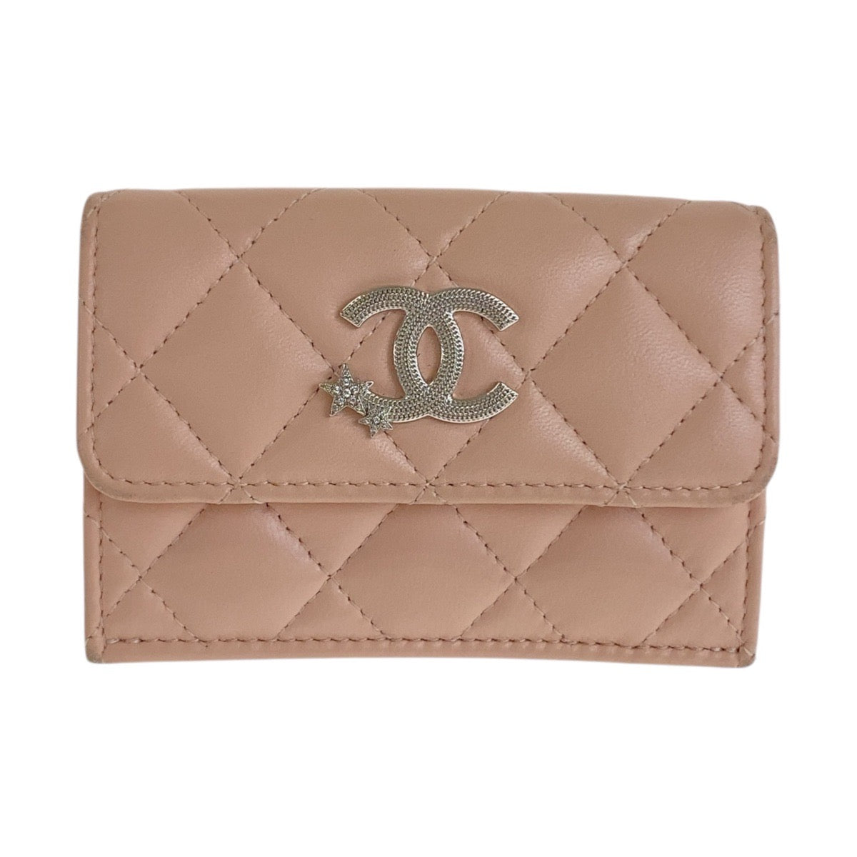 CHANEL Tri-fold wallet lambskin Pink Beige SilverMetal Matrasse COCO Mark