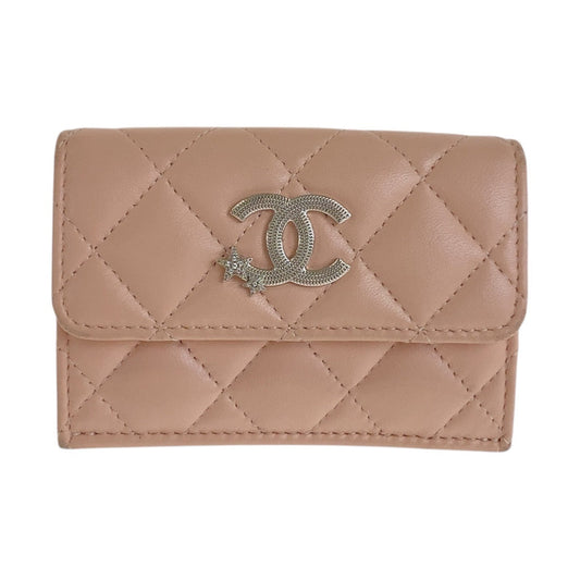 CHANEL Tri-fold wallet lambskin Pink Beige SilverMetal Matrasse COCO Mark