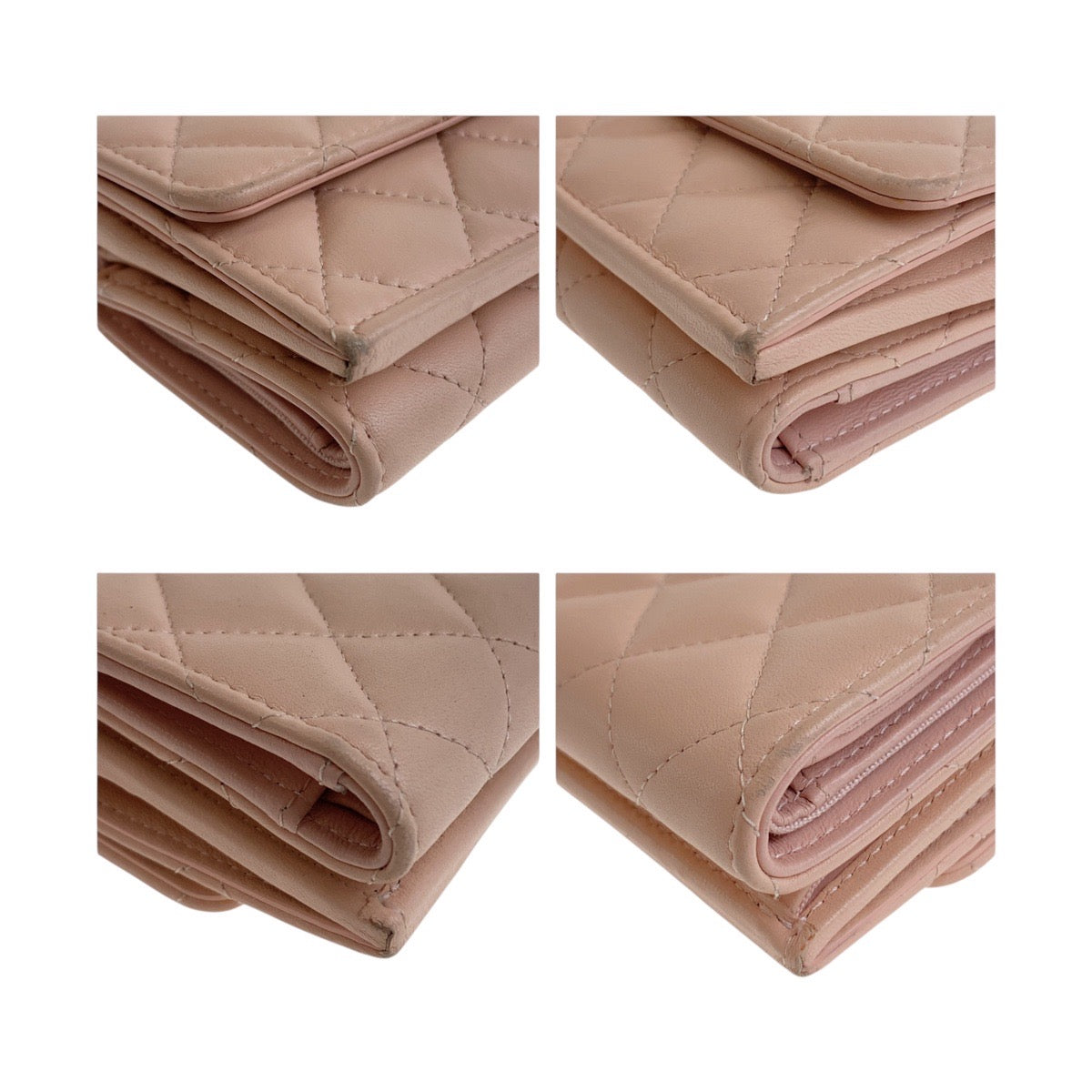 CHANEL Tri-fold wallet lambskin Pink Beige SilverMetal Matrasse COCO Mark