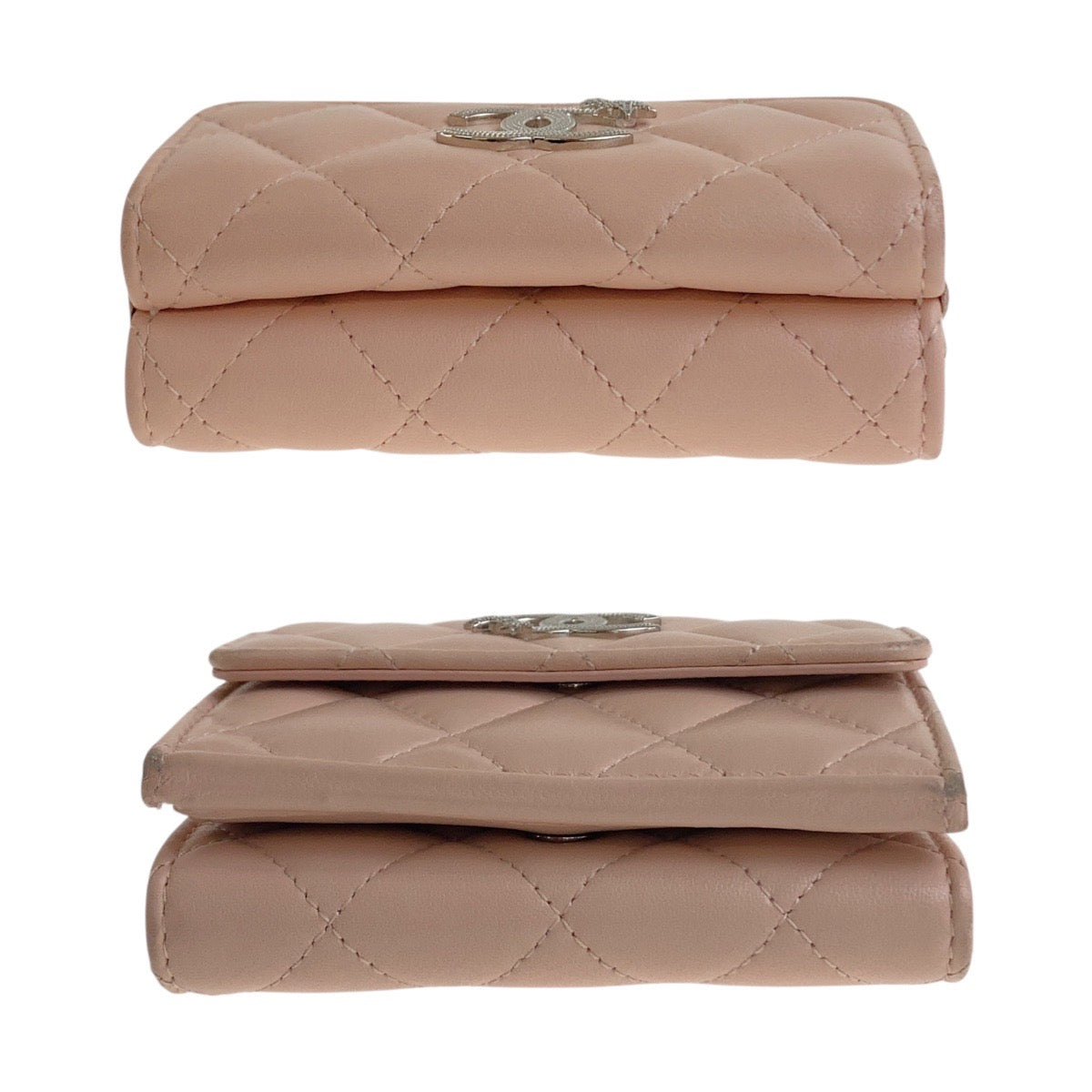 CHANEL Tri-fold wallet lambskin Pink Beige SilverMetal Matrasse COCO Mark