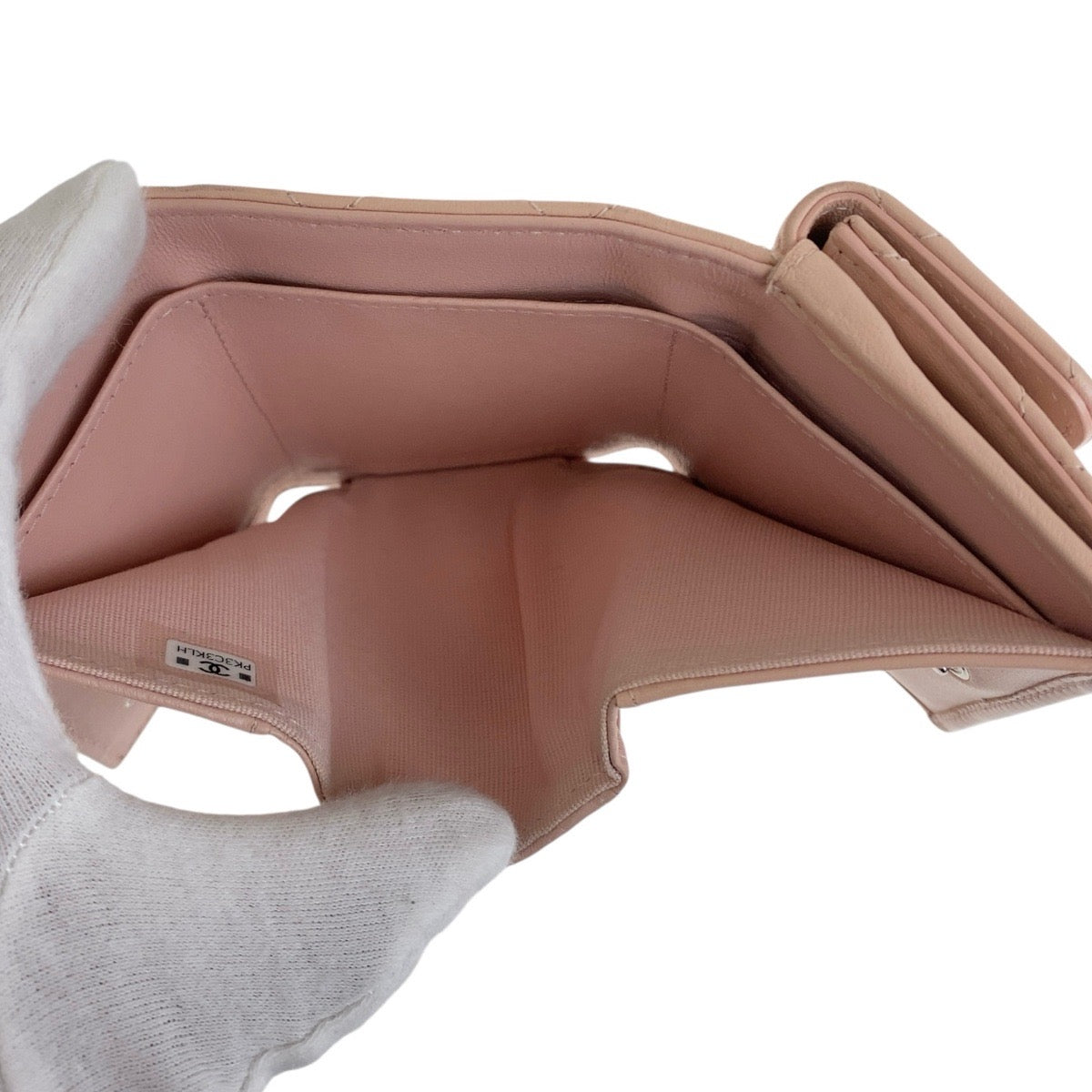 CHANEL Tri-fold wallet lambskin Pink Beige SilverMetal Matrasse COCO Mark