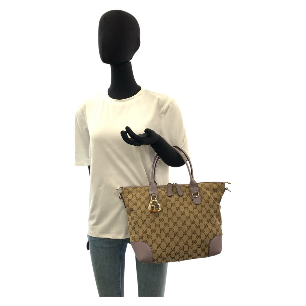 GUCCI Tote Bag 269957 GG canvas Beige Purple Gold Metal Bamboo heart